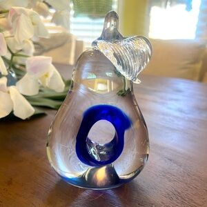 Art glass pair. Applied leaf  cobalt blue, polished base